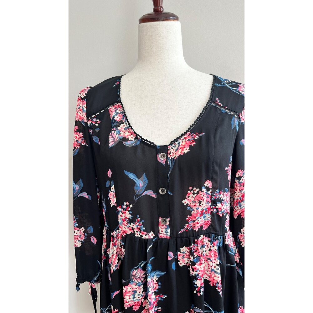 Loveposh Mini Dress Womens M Black Sheer Floral Lined Cottage Festival - Picture 3 of 9